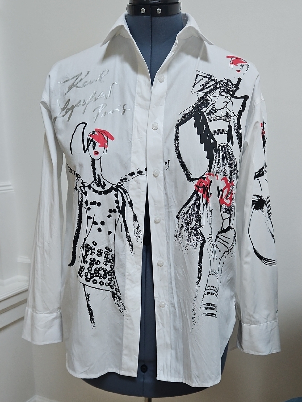 Karl Lagerfeld White Button-Down Shirt with Black Sketches and Red Accents